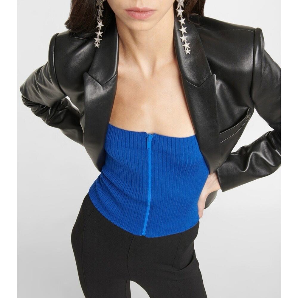 YSL Saint Laurent Size M Ribbed Knit Strapless Top Front Zip Blue NWT $690